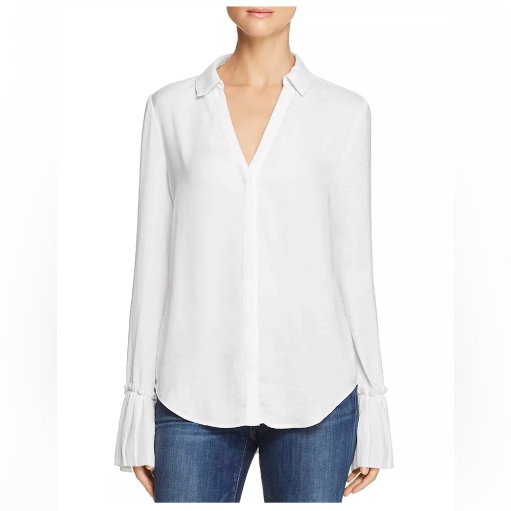 Paige Abriana Button Front Blouse Lapel Collar w Long Sleeve + Ruffle Cuff